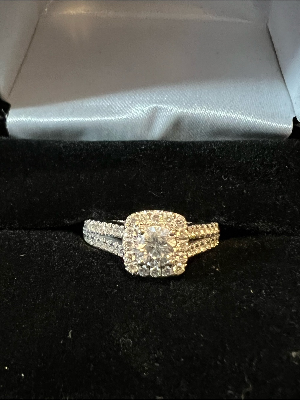 Sparkling Silver-Tone Halo Engagement Ring with Pavé Split Shank